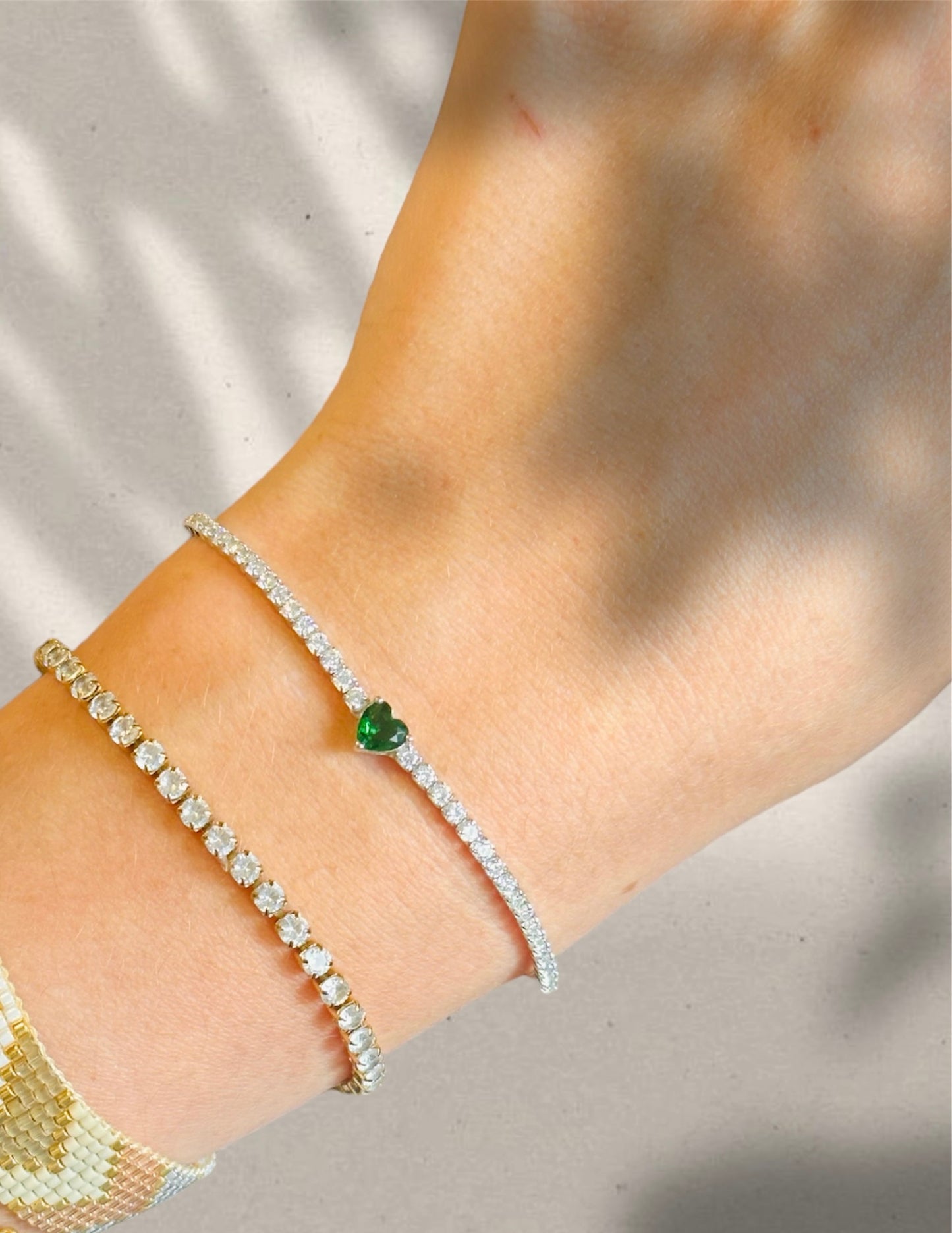 PULSERA TENNIS GREEN HEART SILVER