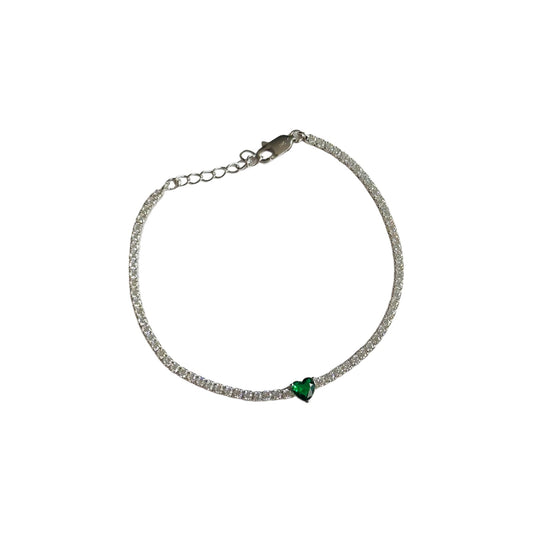 PULSERA TENNIS GREEN HEART SILVER